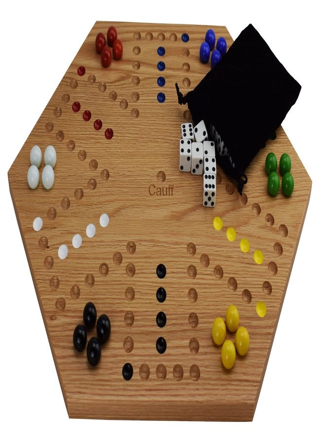 Cauff 20 Inch Solid Oak Double-Sided Marble/Wahoo Board Game with Hand-Finished and Hand-Painted Oak, Glass Marbles, Velvet Bag, 4 and 6 Player Sides - Premium Family Game - Image 1